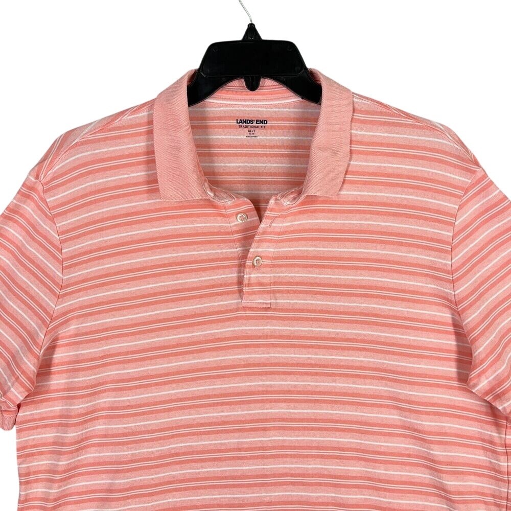 Lands End Traditional Fit Performance Polo Shirt Mens XL‎ Salmon Striped